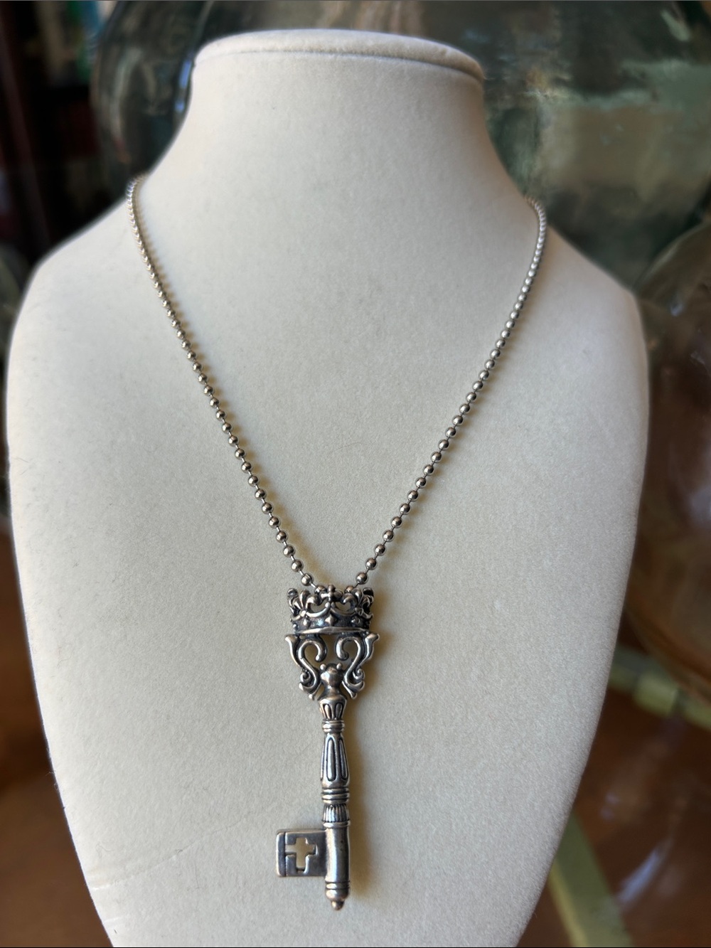 Ornate Sterling Silver Key and Crown Pendant Necklace with Ball Chain